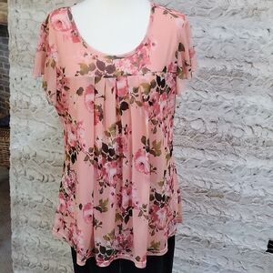 Light Pink Floral Pleat-Front Flutter Sleeve Boho Long Tunic  Top, Womens XL